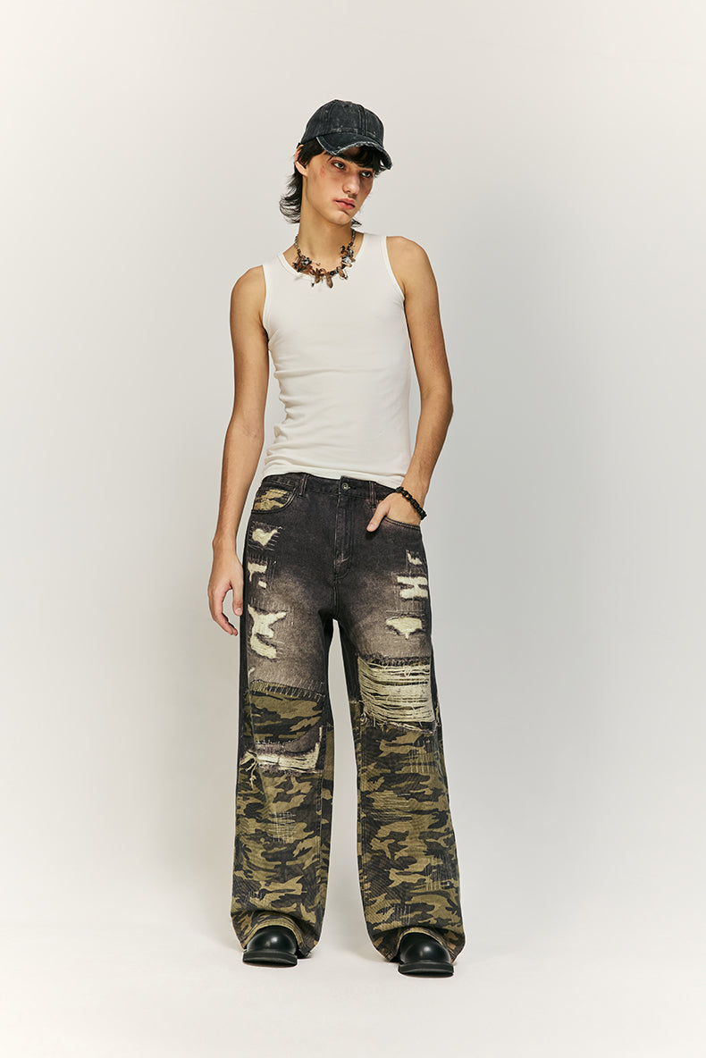 Camo and Ripped Effect Print Jeans