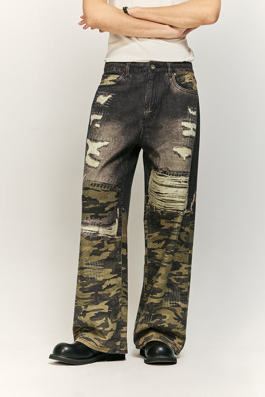 Camo and Ripped Effect Print Jeans