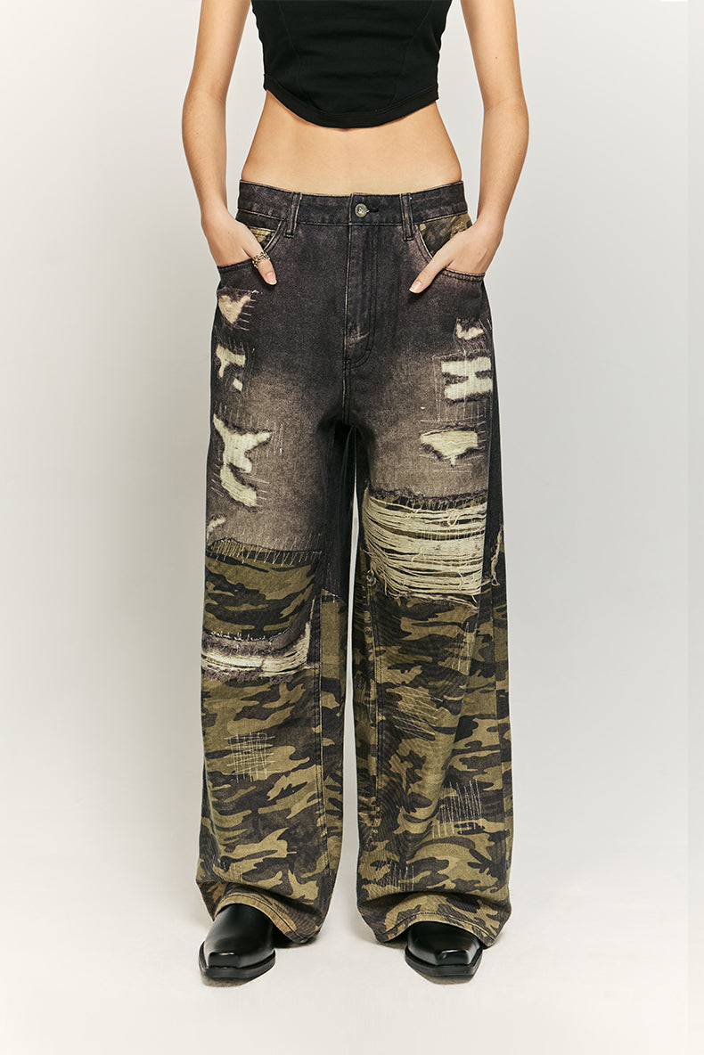 Camo and Ripped Effect Print Jeans