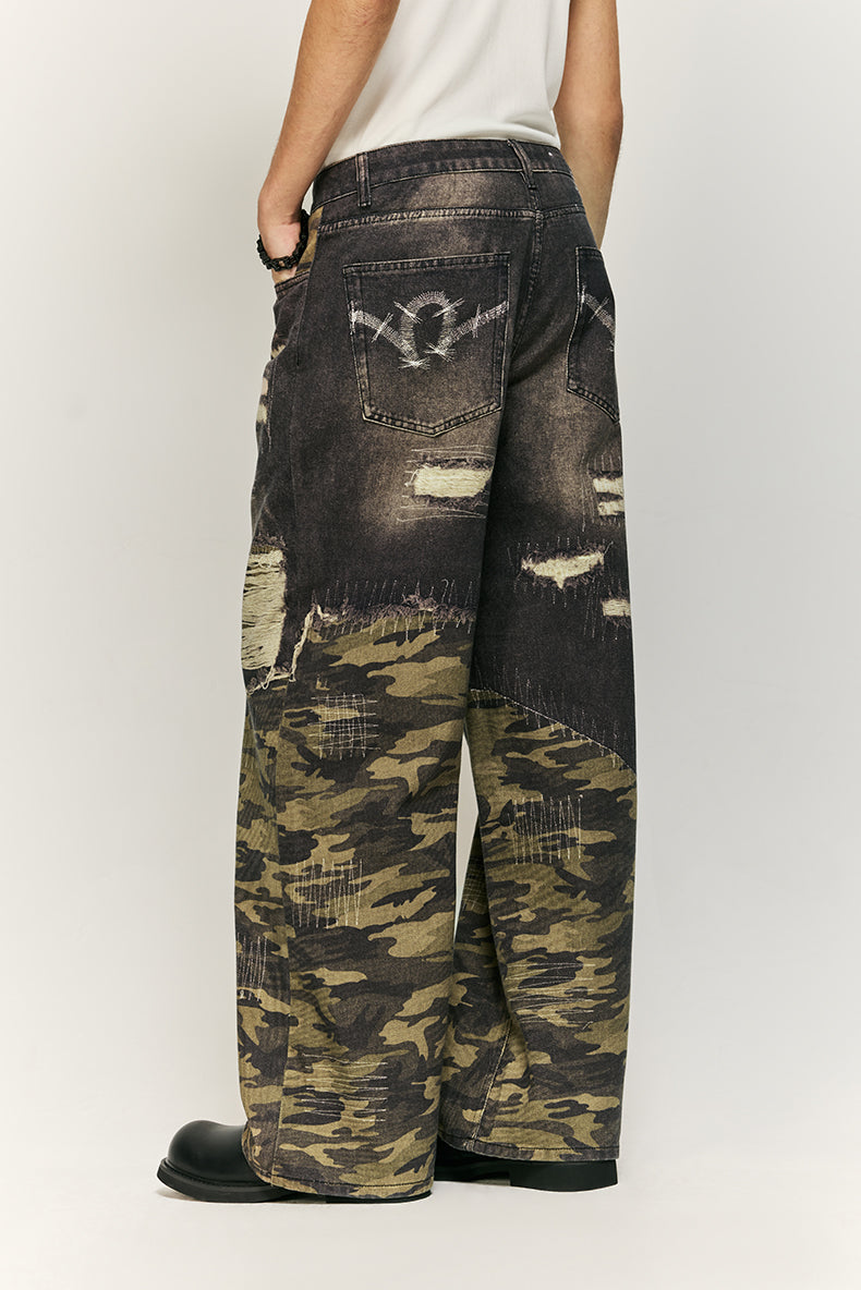 Camo and Ripped Effect Print Jeans