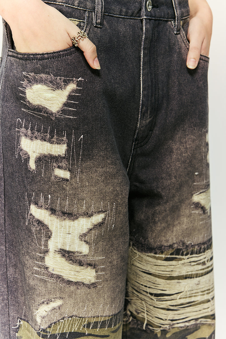 Camo and Ripped Effect Print Jeans